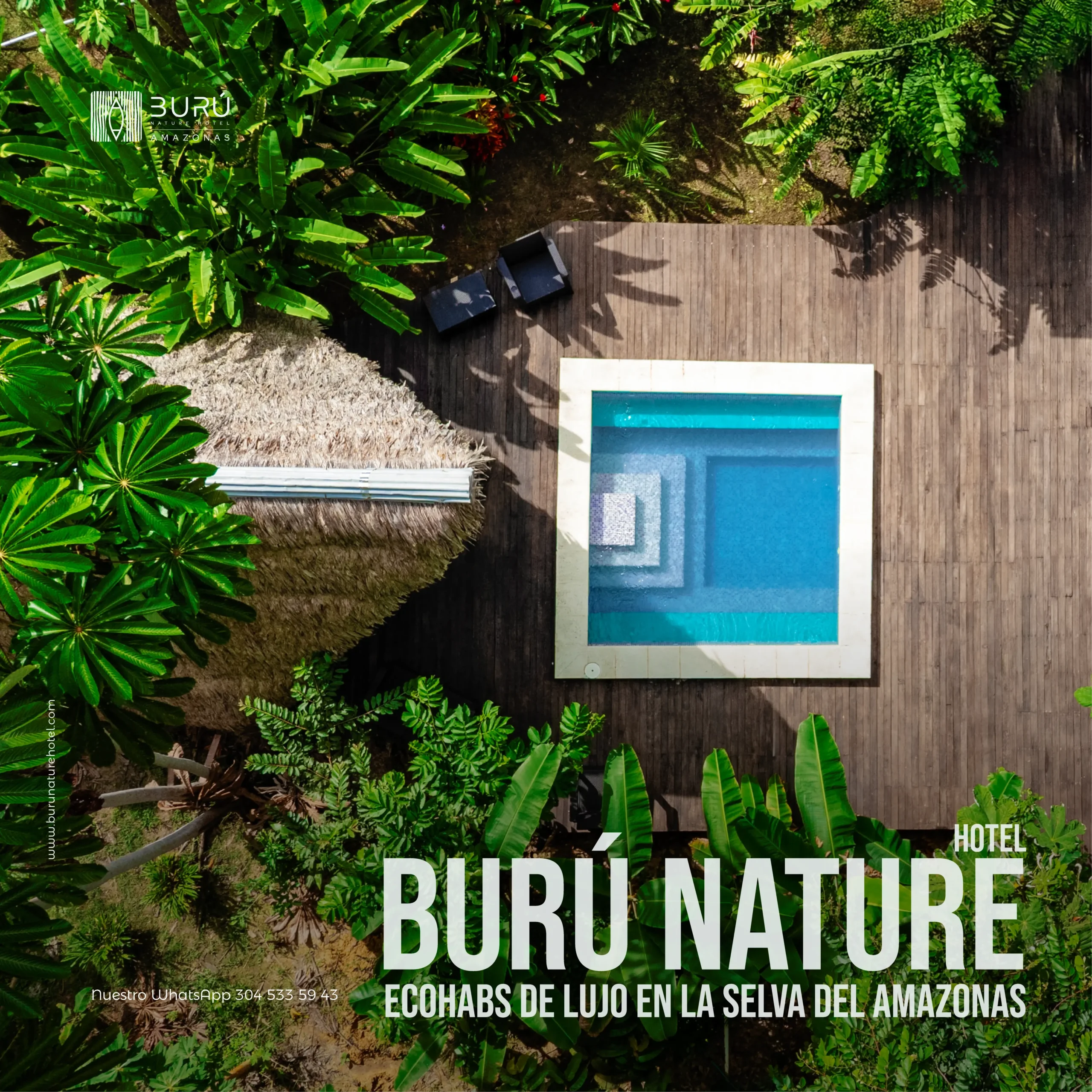 Hotel de lujo en el Amazonas Burú Nature Hotel en Leticia, Colombia, mostrando suites exclusivas en la selva y tours fluviales premium con Siempre Colombia. Amazon luxury hotel Burú Nature Hotel in Leticia, Colombia, featuring exclusive jungle suites and premium river tours with Siempre Colombia.
