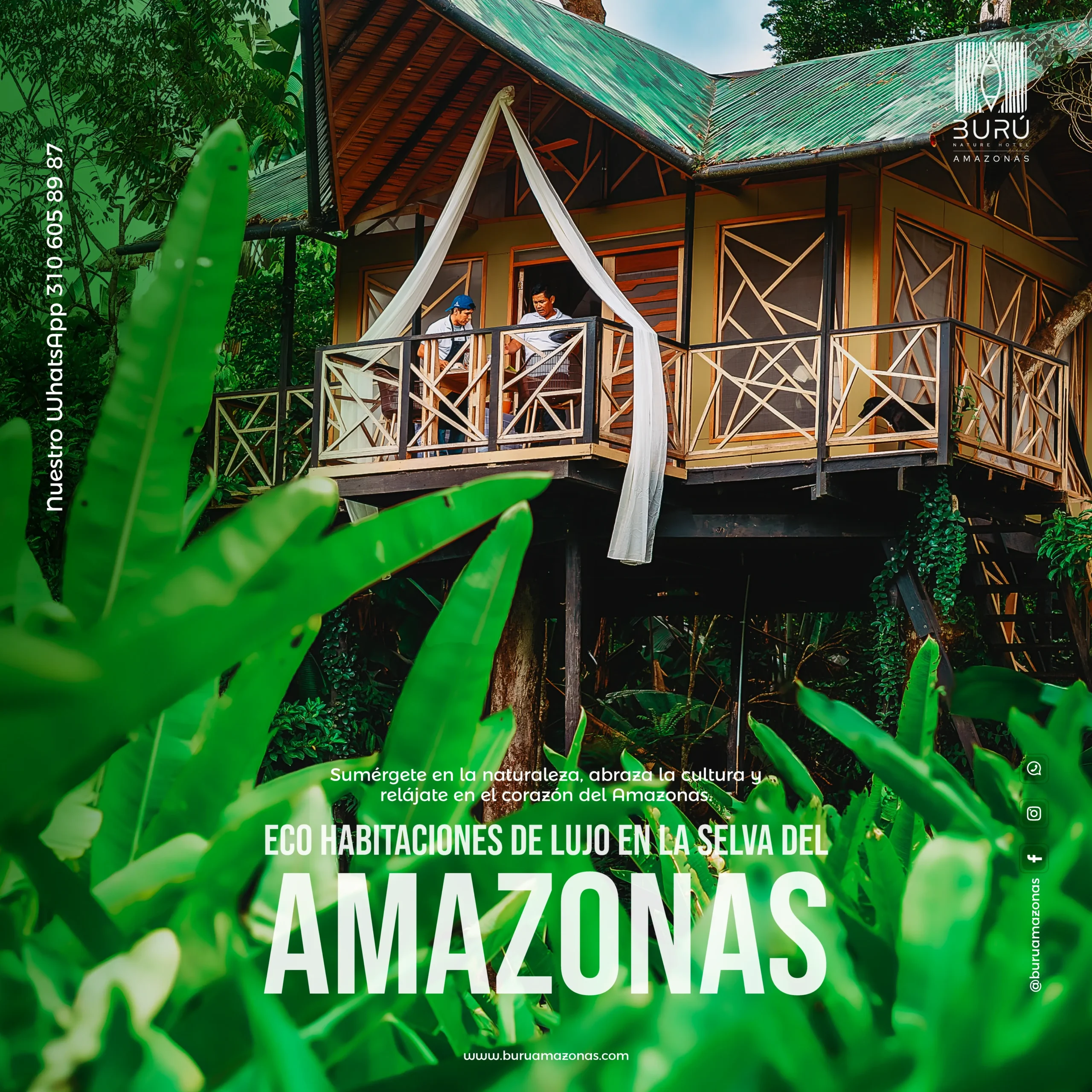 Hotel de lujo en el Amazonas Burú Nature Hotel en Leticia, Colombia, mostrando suites exclusivas en la selva y tours fluviales premium con Siempre Colombia. Amazon luxury hotel Burú Nature Hotel in Leticia, Colombia, featuring exclusive jungle suites and premium river tours with Siempre Colombia.